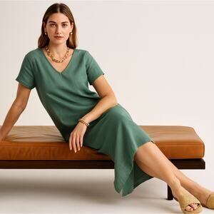 AGNES B. V-Neck Linen Midi Maroc Dress Teal Green Blue Sz 40/US M $575 {NN53}